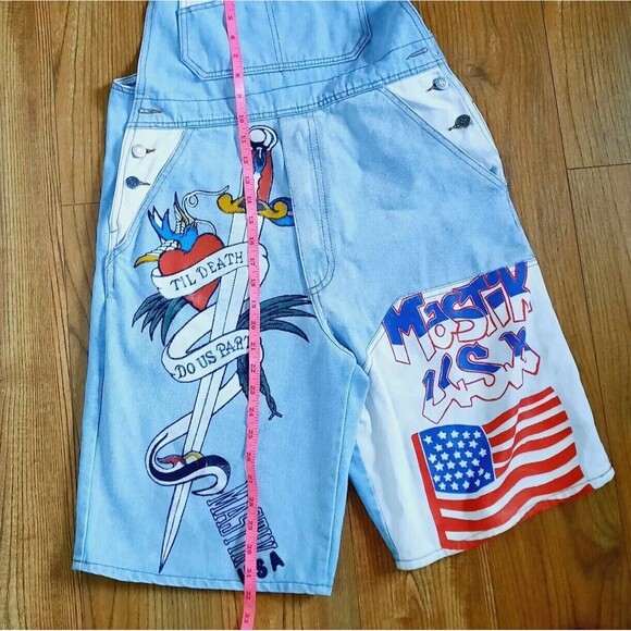 Vintage 90s Mastik Painted Denim Overalls Shorts Shortalls Women Size M USA - Picture 9 of 13